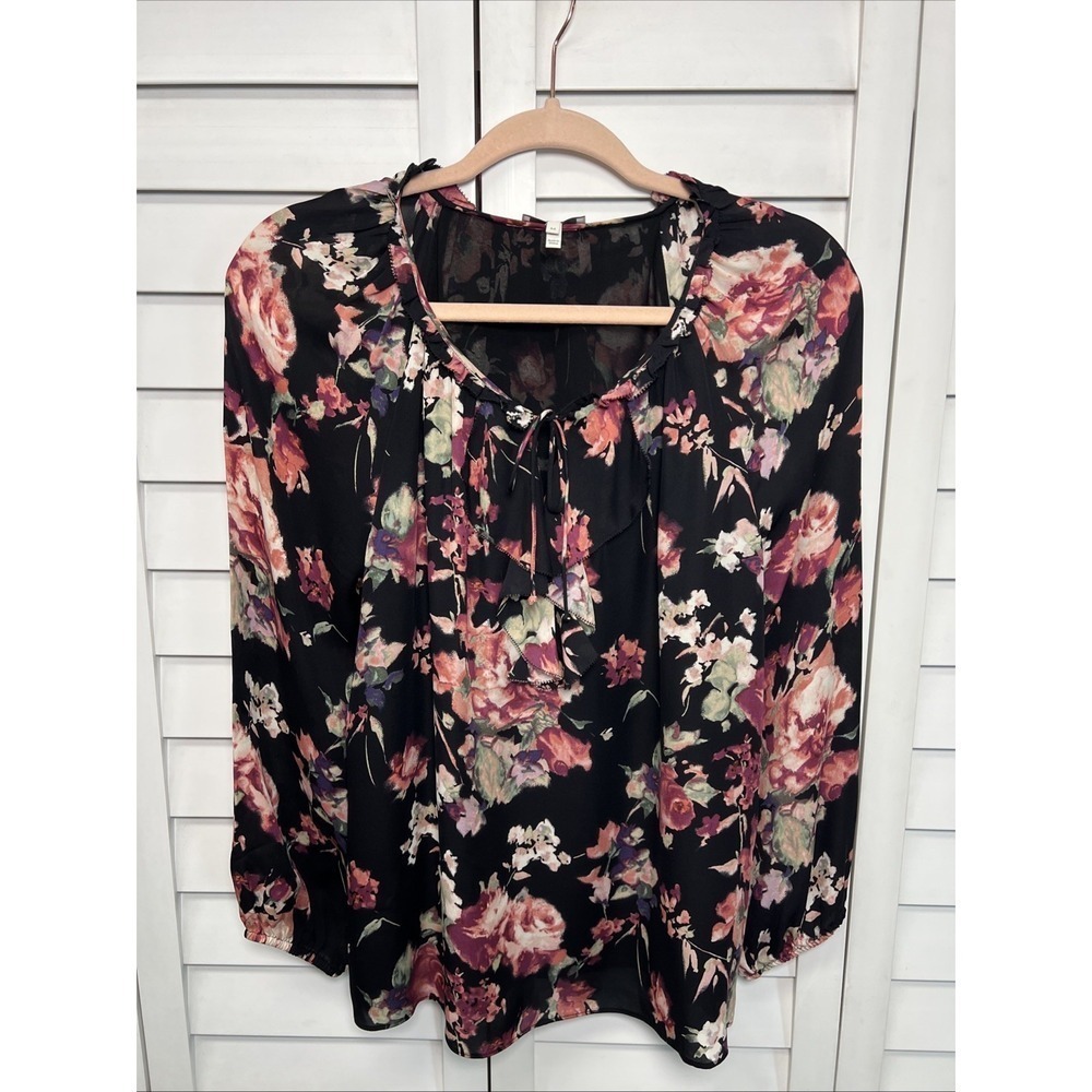Joie Nadege Floral 100% Silk 3/4 Sleeve Ruffle Top Size Medium Caviar - Picture 2 of 10